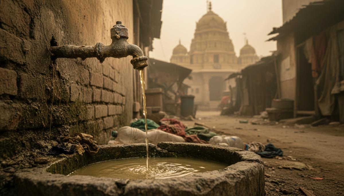 Ржавый водопроводный кран, из которого капает грязная вода, на фоне размытого силуэта индийского храма в густом смоге.