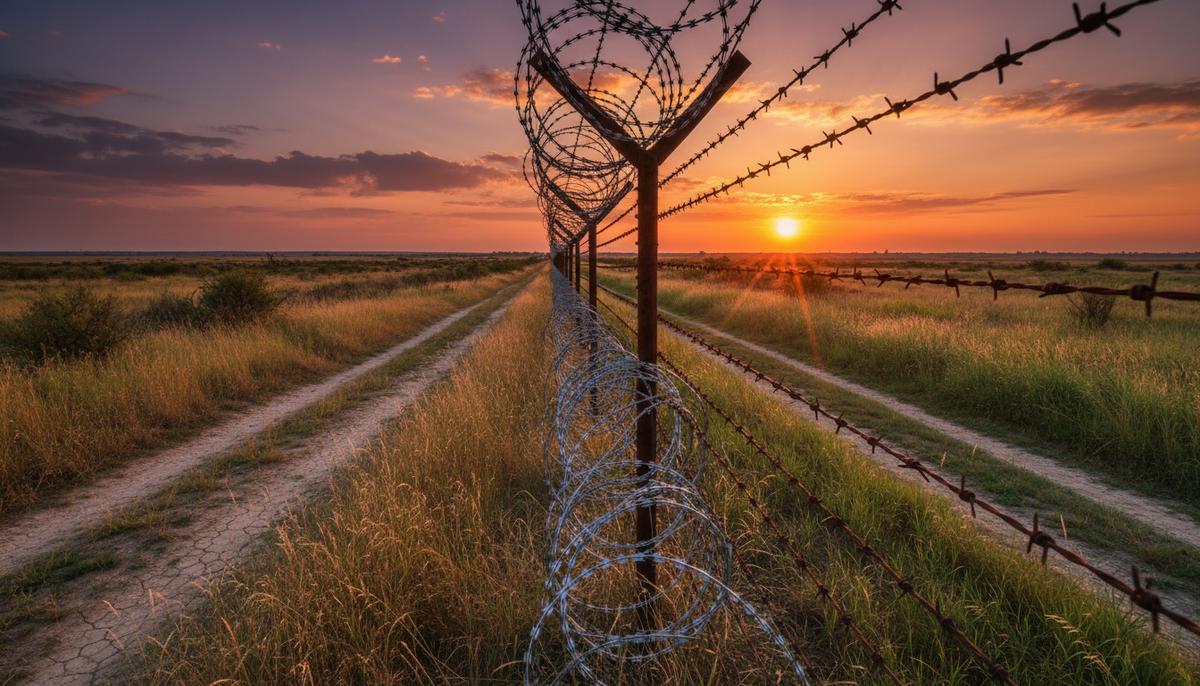 Игра престолов в Калькутте: Бангладеш на кону индийских выборов Высокий пограничный забор с колючей проволокой, уходящий вдаль и разделяющий сельскую местность на рассвете.