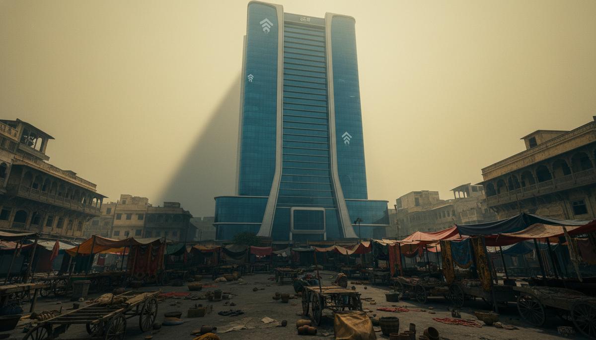 Хиндутва в Индии: от колониального наследия к корпоративному тоталитаризму Современный корпоративный небоскреб возвышается над пустынным индийским рынком, отбрасывая на него густую тень в задымленном городе.