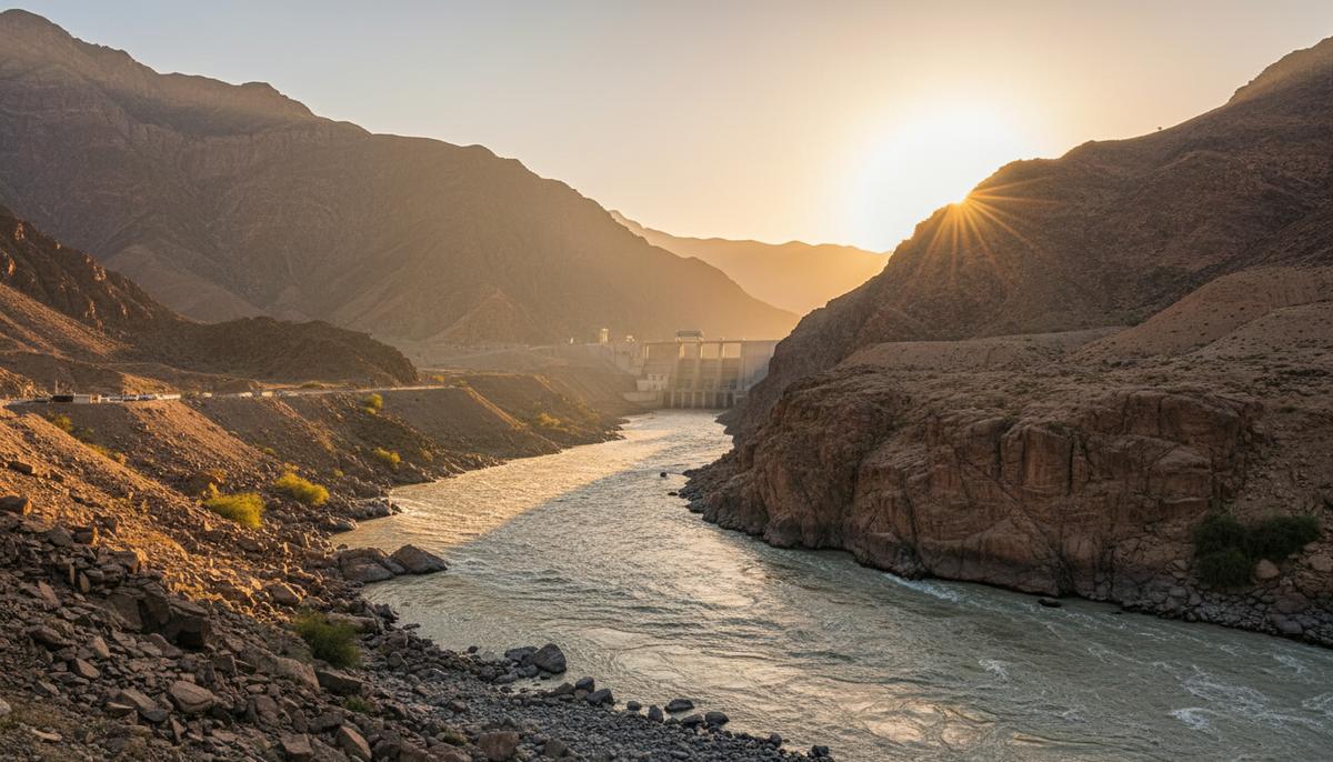 Победа Пакистана в споре о водах Инда: суд отверг тактику Индии Река Инд протекает через горную долину в Пакистане. На заднем плане видна плотина, символизирующая управление водными ресурсами.