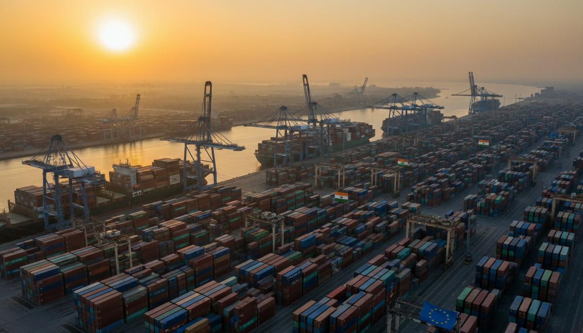 Сделка Индии и ЕС: брак по расчету в эпоху глобального разлома Современный грузовой порт в Индии на рассвете, вид с воздуха. Подъемные краны загружают контейнеровозы, символизируя международную торговлю и логистику.