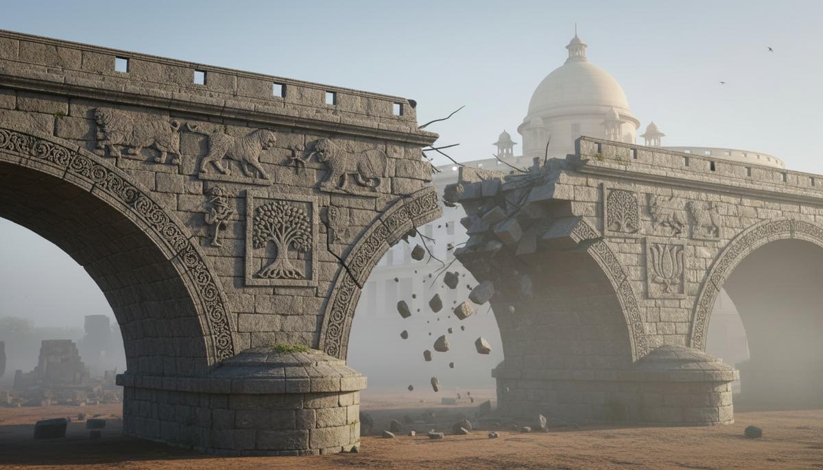 Индийский федерализм под угрозой: назначенцы Дели против избранных властей Каменный мост, символизирующий федеративную систему Индии, с большой трещиной посередине, которая грозит его обрушением.