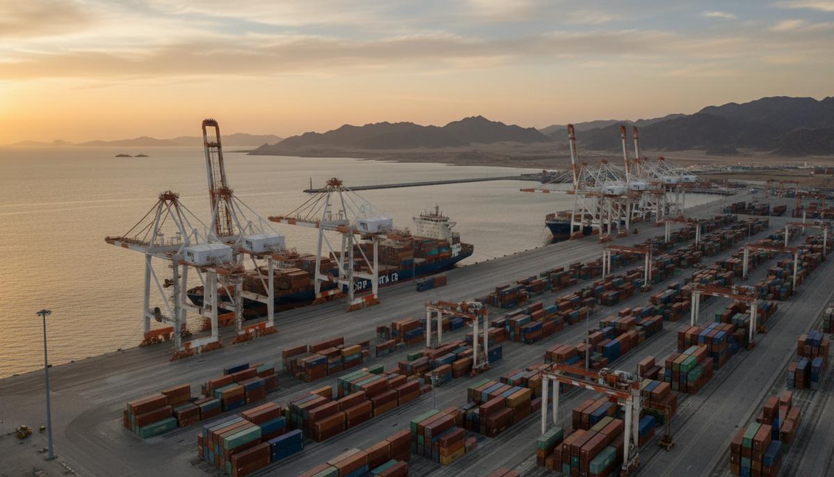 Пакистан 2026: как китайский мегапроект меняет страну Порт Гвадар в Пакистане: вид на контейнерный терминал с грузовыми кранами и кораблем на фоне Аравийского моря.