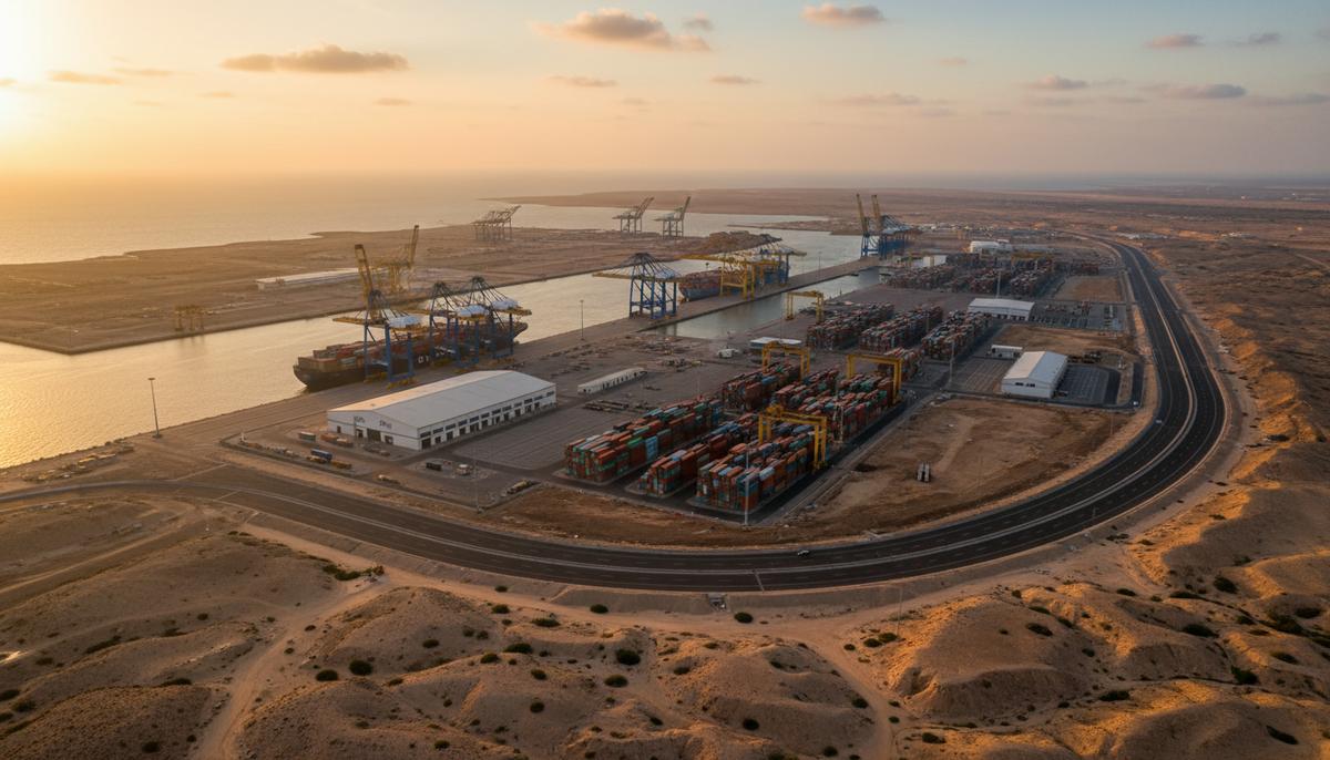 КПЭК 2.0: от стройки к стратегической опоре Пакистана Современный порт Гвадар в Пакистане с высоты птичьего полета: грузовые краны, корабли у причалов и шоссе, ведущее вглубь пустыни.