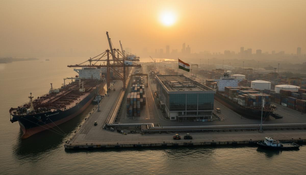 США и Индия: новая торговая сделка в обмен на отказ от российской нефти Большой нефтяной танкер и контейнеровозы в оживленном морском порту Мумбаи в Индии на рассвете.