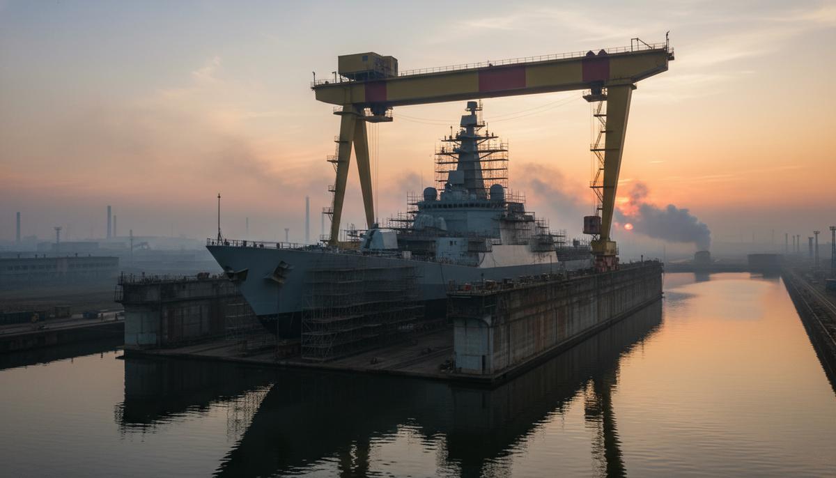 Морская мощь Индии: верфь HSL переходит в цифровую эру Огромная судостроительная верфь на рассвете. Портальный кран-голиаф стоит над строящимся кораблем в сухом доке.