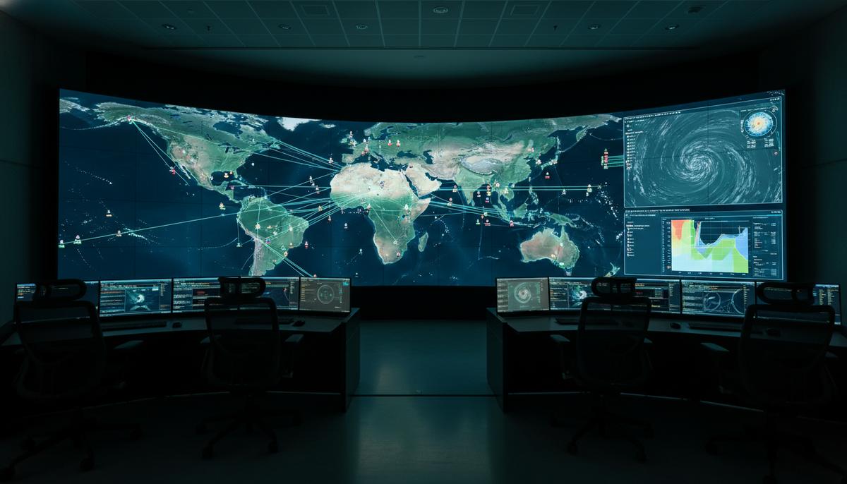Индийский океан: новый этап сотрудничества Индии и ЕС в сфере безопасности Темный зал центра управления с пустыми креслами операторов перед стеной светящихся экранов, отображающих карты Индийского океана.