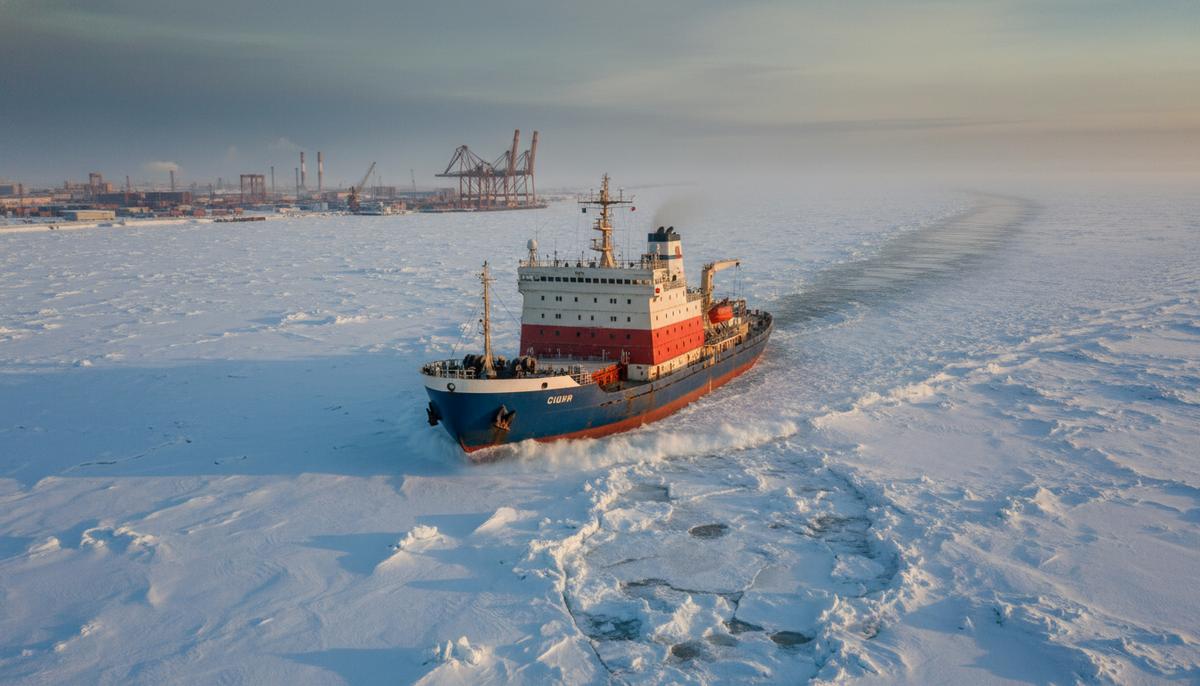 RELOS: как пакт Индии и России меняет логистику от Арктики до океана Грузовое судно-ледокол пробивается через льды в суровых водах Северного морского пути в Арктике на фоне далекого портового берега.