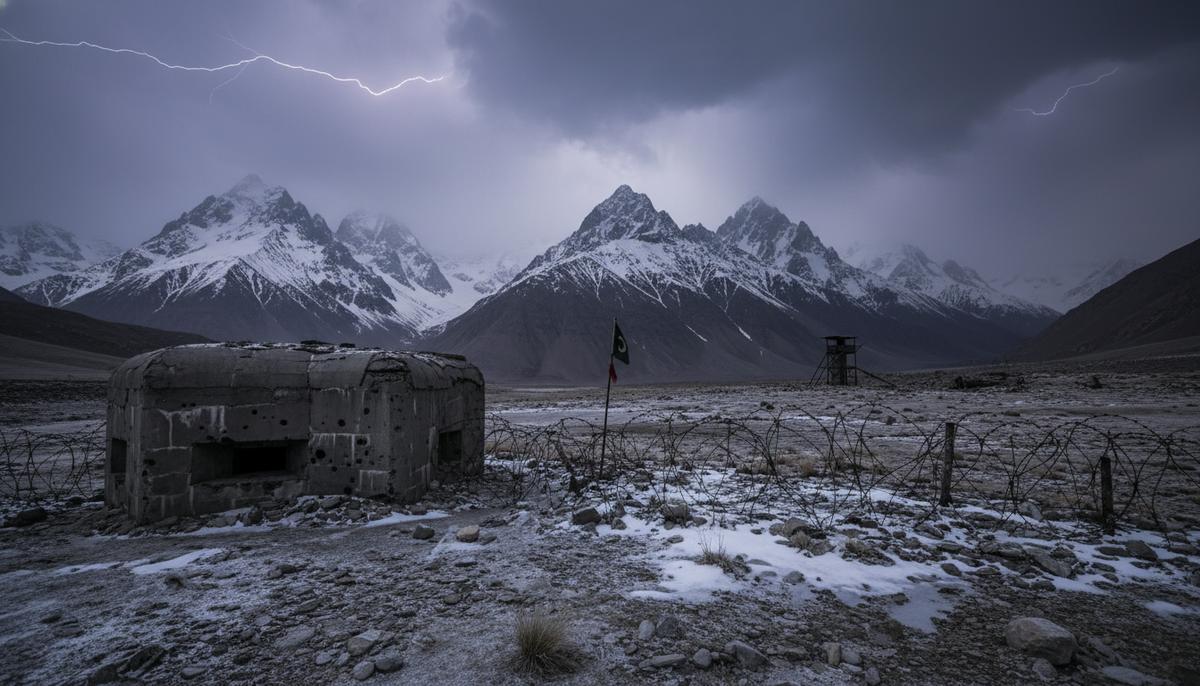 Горный пейзаж в Кашмире на Линии контроля. Заброшенный военный бункер и колючая проволока на фоне заснеженных вершин под грозовым небом.