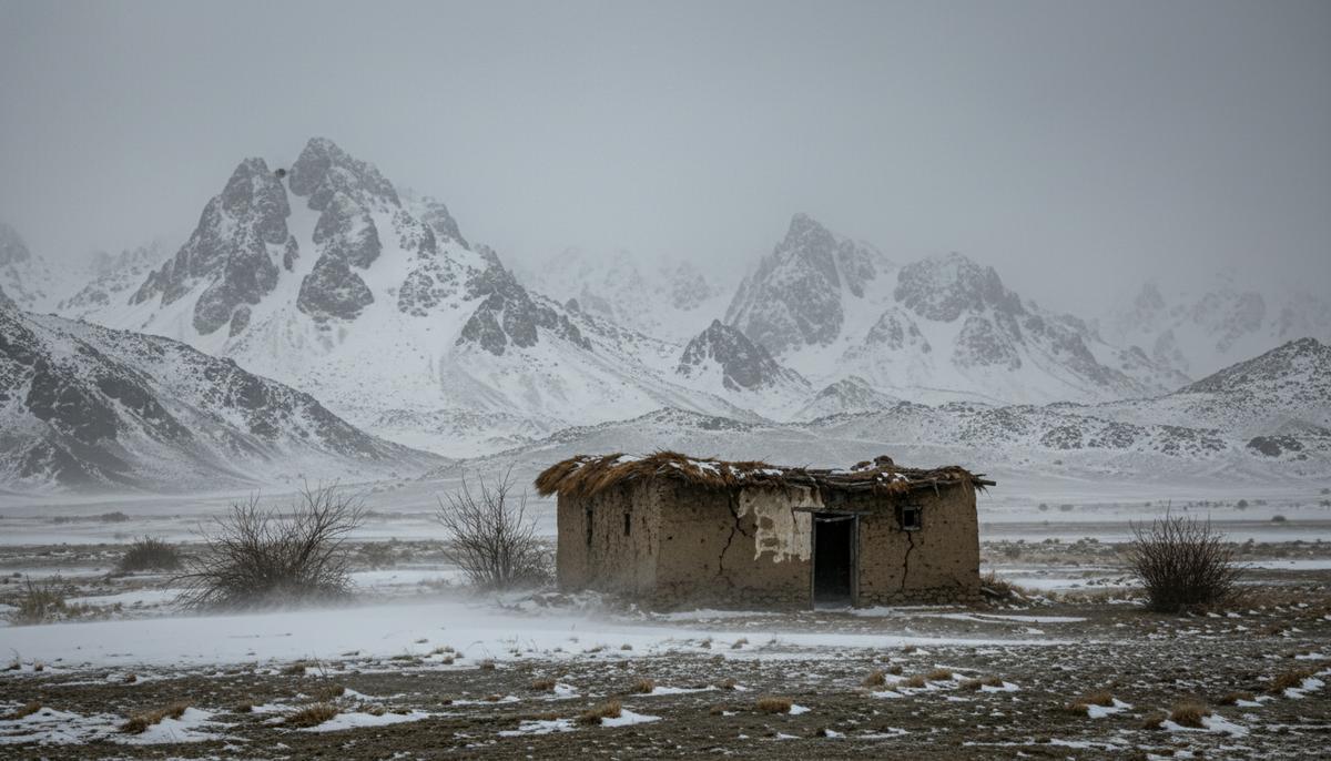 Пустынный зимний пейзаж долины Тирах в Пакистане. Заснеженные скалистые горы на фоне и заброшенный глинобитный дом.