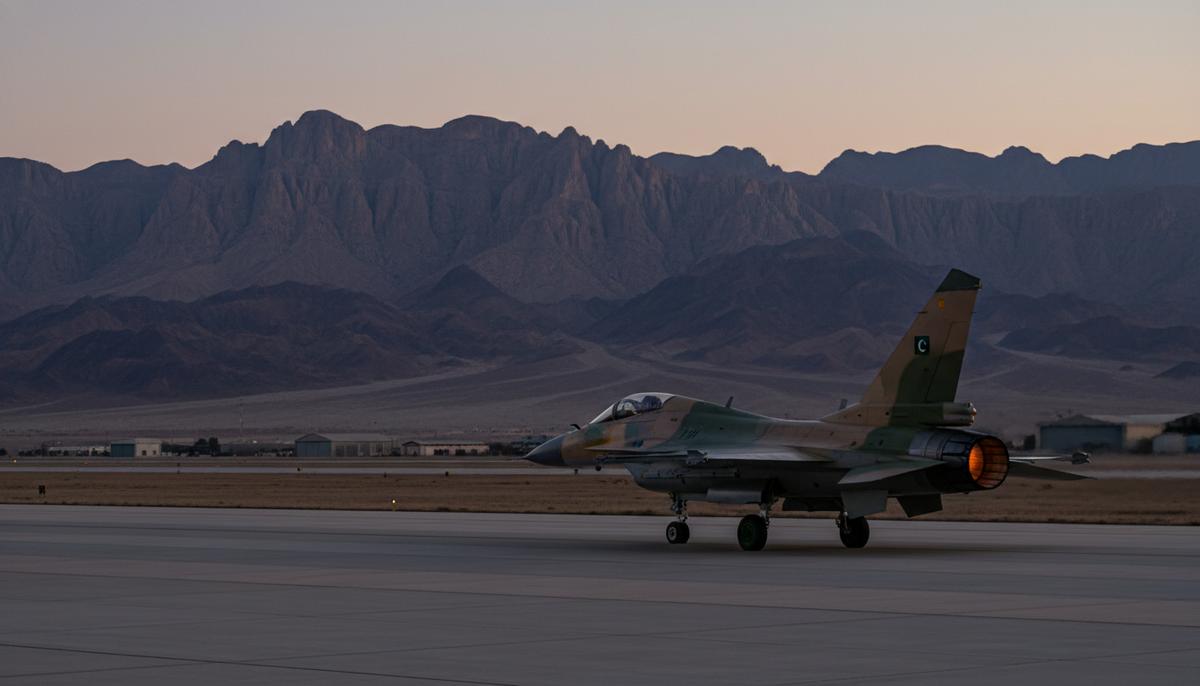 Пакистанский истребитель JF-17 на пустынной взлетно-посадочной полосе на фоне гор в сумерках.
