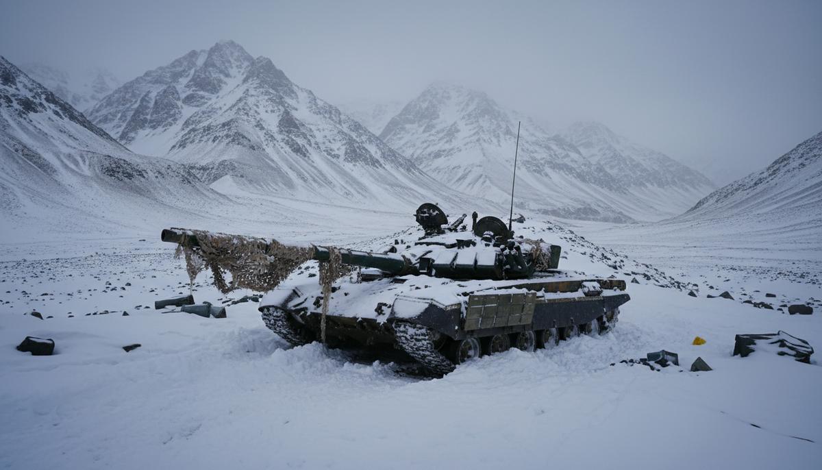 Индийский танк Т-90, занесенный снегом, на пустынном горном перевале в Ладакхе на фоне Гималайских гор.