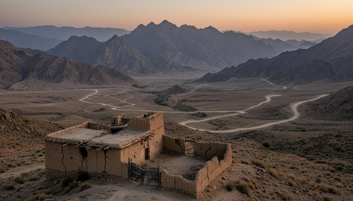 Горный пейзаж долины Тирах в Пакистане. На переднем плане покинутый глинобитный дом с признаками разрушений и грунтовой дорогой.