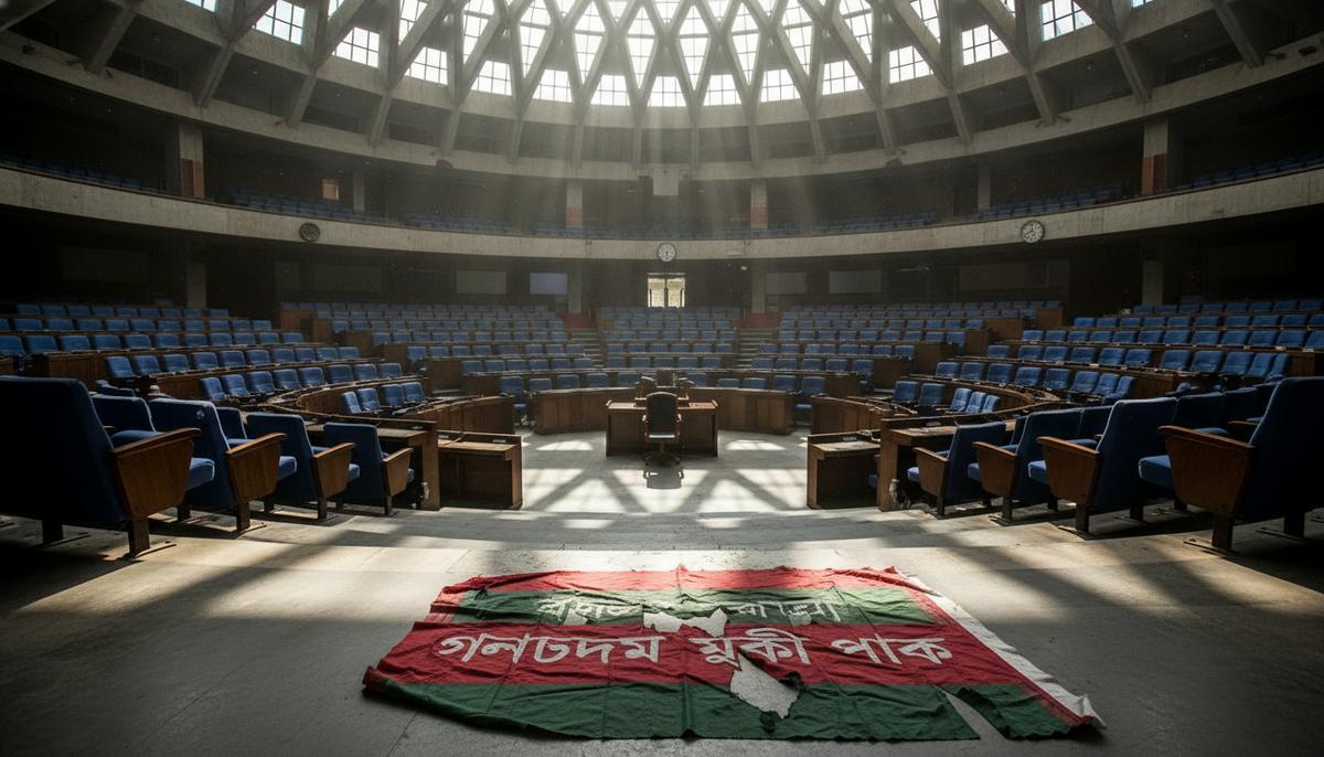 Пустой зал заседаний парламента в Дакке, Бангладеш. Солнечный свет падает на ряды кресел, на полу лежит порванный политический плакат.