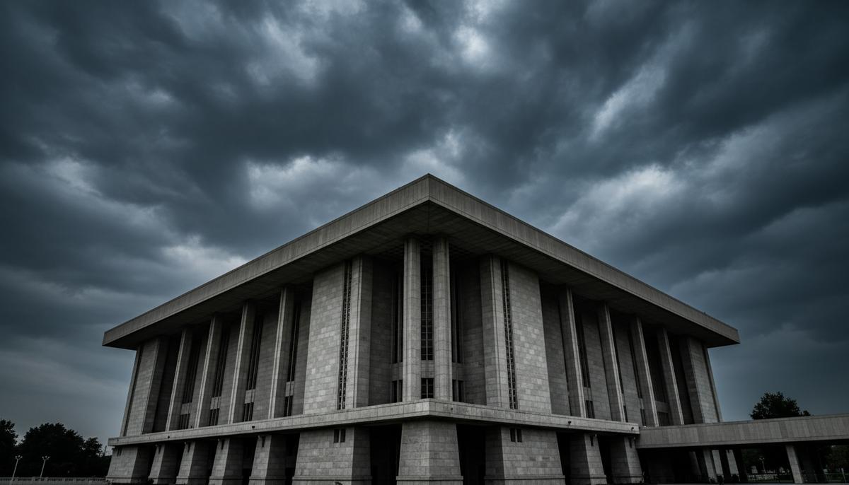 Здание Парламента Пакистана в Исламабаде под мрачным, грозовым небом. На монументальный фасад падают длинные, резкие тени.