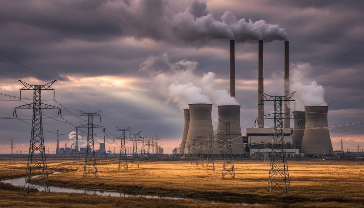 Массивная угольная электростанция с дымовыми трубами и высоковольтными линиями электропередач, уходящими за горизонт.