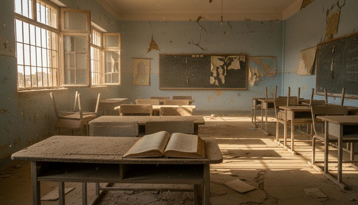 Заброшенный пыльный класс в Афганистане. Свет пробивается через решетку на окне, на старой парте лежит открытая книга.