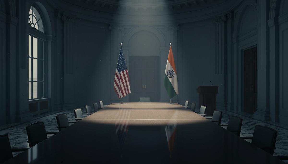 Пустой зал для переговоров с флагами Индии и США. Тень от американского флага падает на индийский флаг.