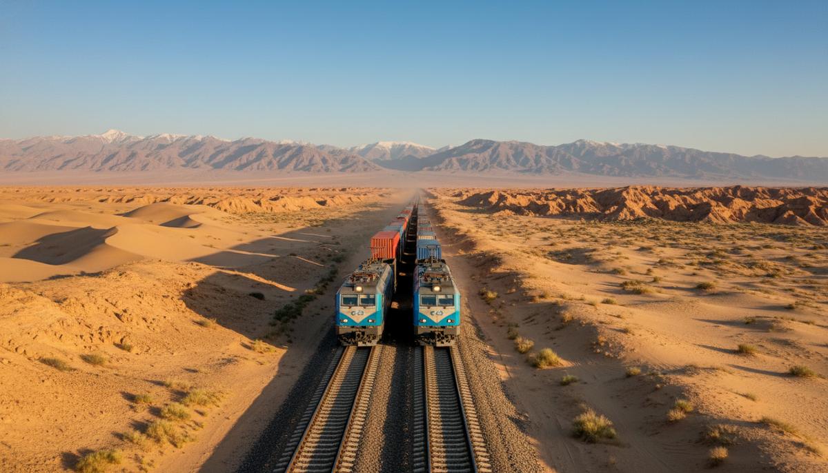 Грузовой поезд на новой железнодорожной магистрали в засушливом горном ландшафте Центральной Азии.