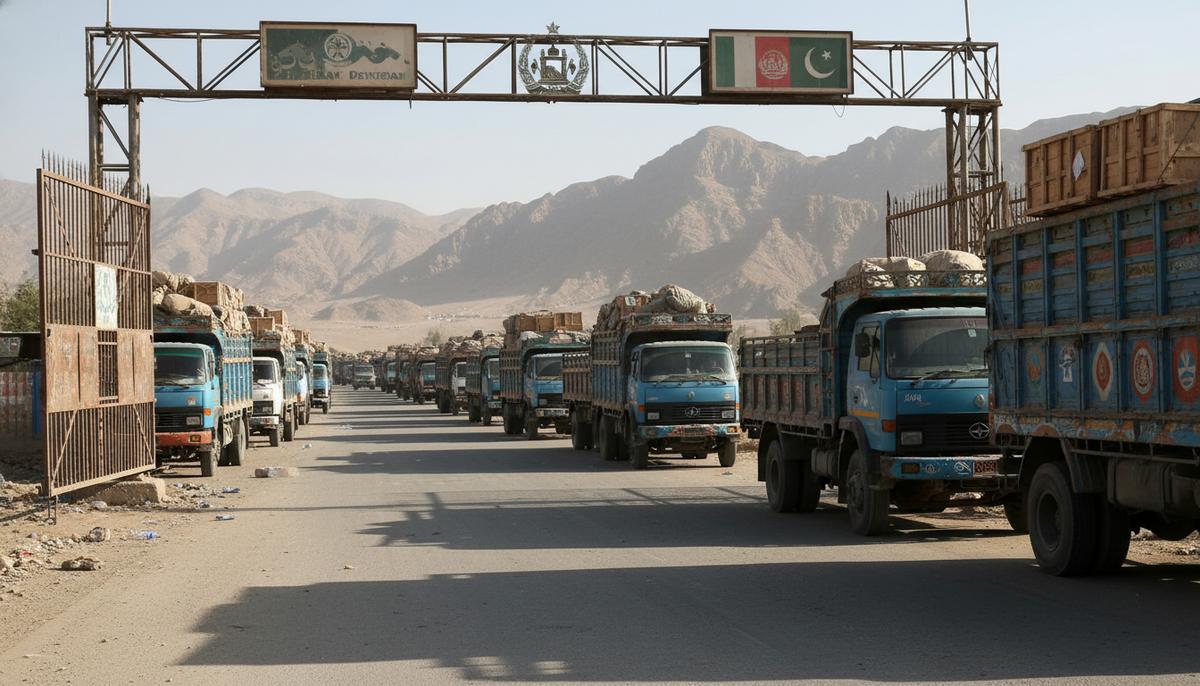 Закрытый пограничный переход между Афганистаном и Пакистаном. У ворот стоит очередь из бездействующих грузовиков с товарами.