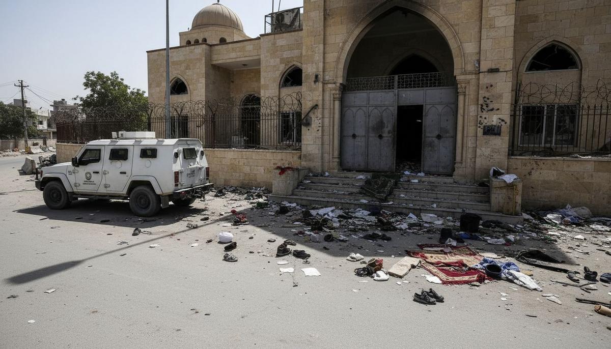 Пустой вход в мечеть в Исламабаде после теракта. На земле разбросаны обломки, молитвенные коврики и личные вещи. Рядом стоит полицейский автомобиль.