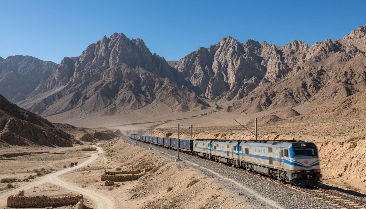 Современный грузовой поезд движется по железной дороге среди скалистых гор и засушливой степи Центральной Азии.