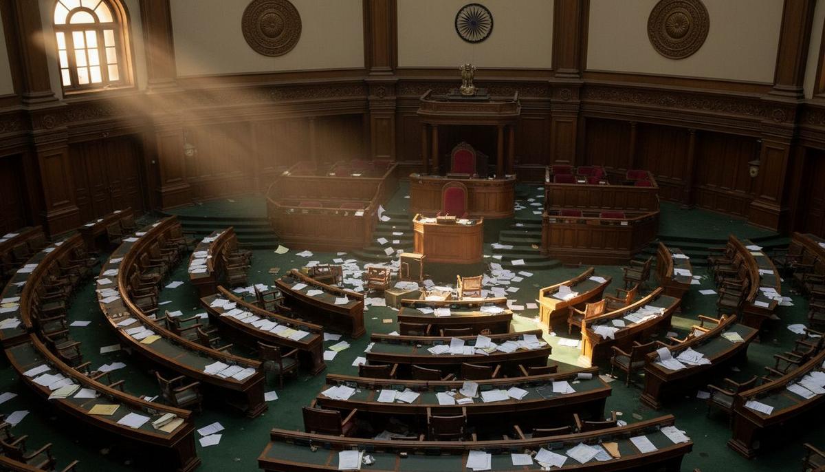 Пустой зал заседаний парламента Индии, Лок Сабха, с разбросанными на полу и столах бумагами под лучом света.