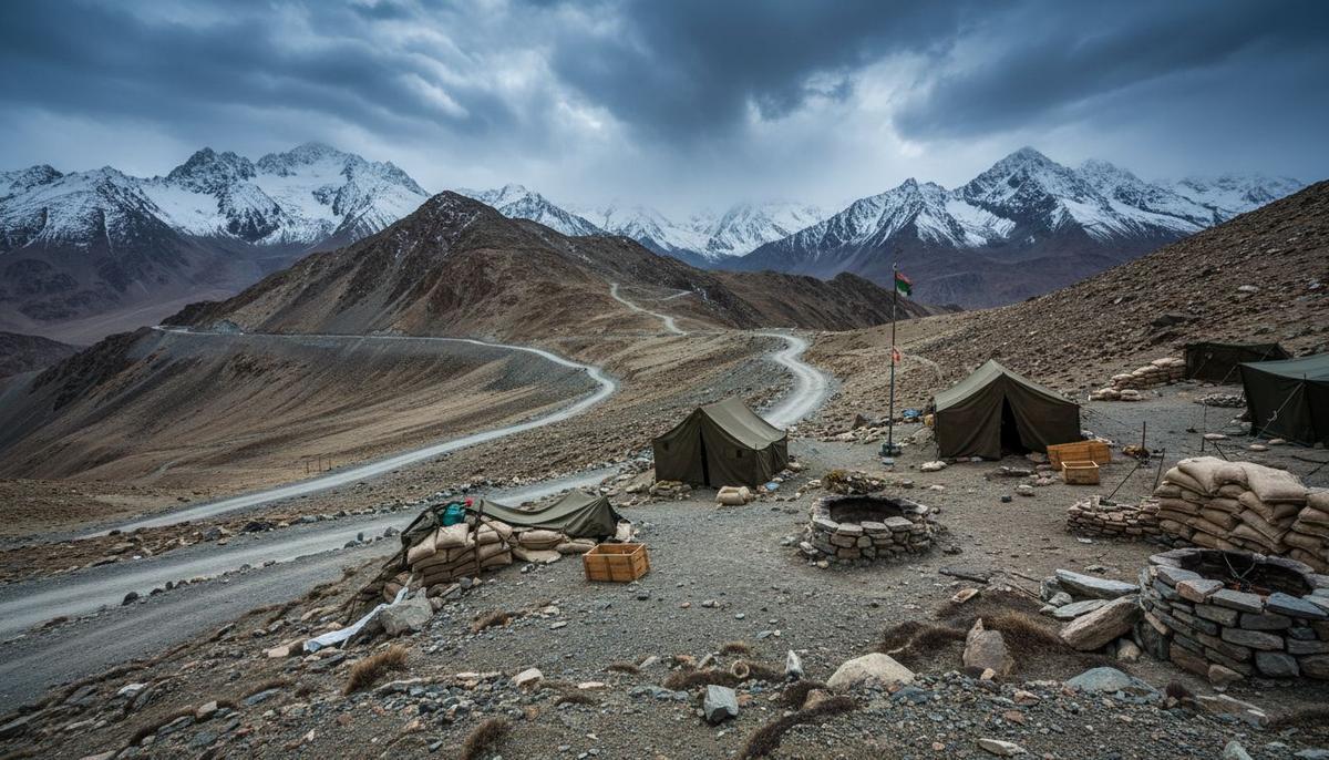 Суровый горный пейзаж в Ладакхе с извилистой военной дорогой. Вдалеке видны остатки заброшенного военного лагеря.