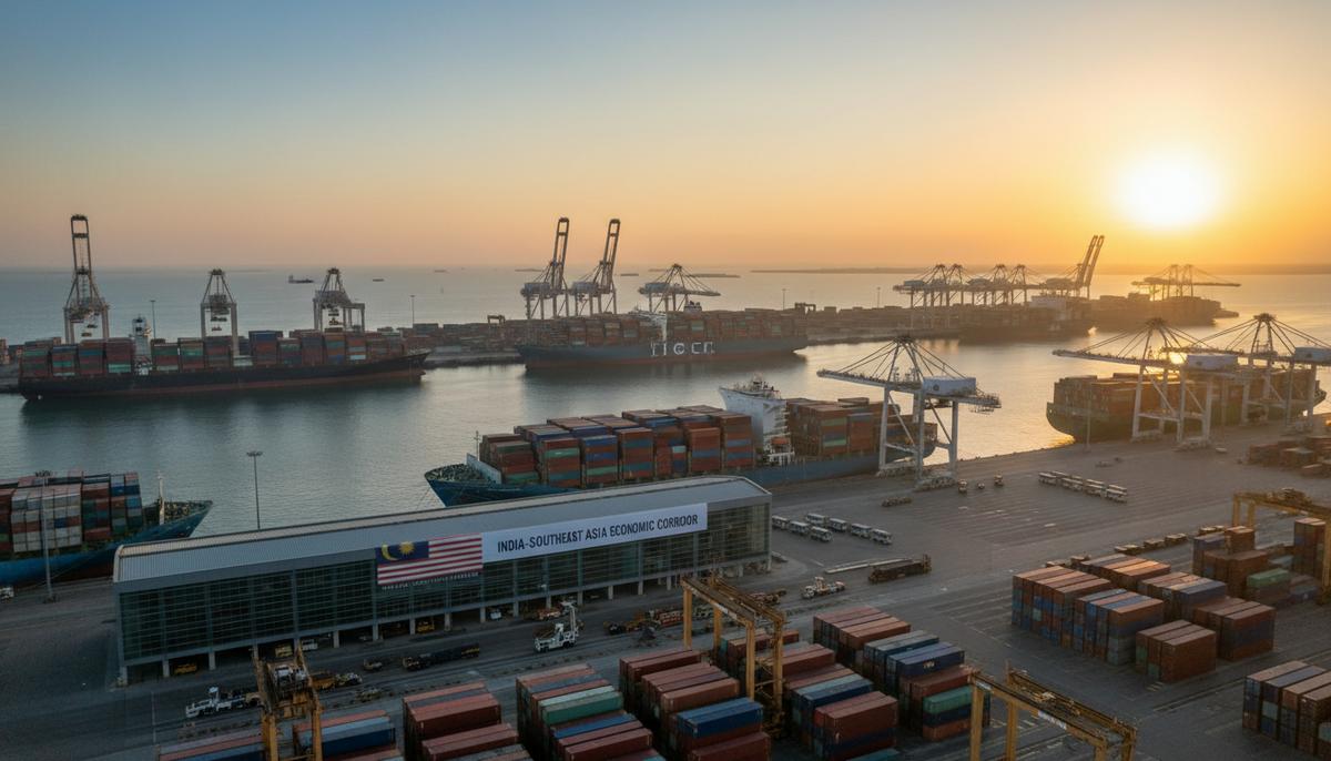 Современный морской порт на рассвете. Контейнеровозы у причалов, на одном судне флаг Индии, на здании терминала флаг Малайзии.