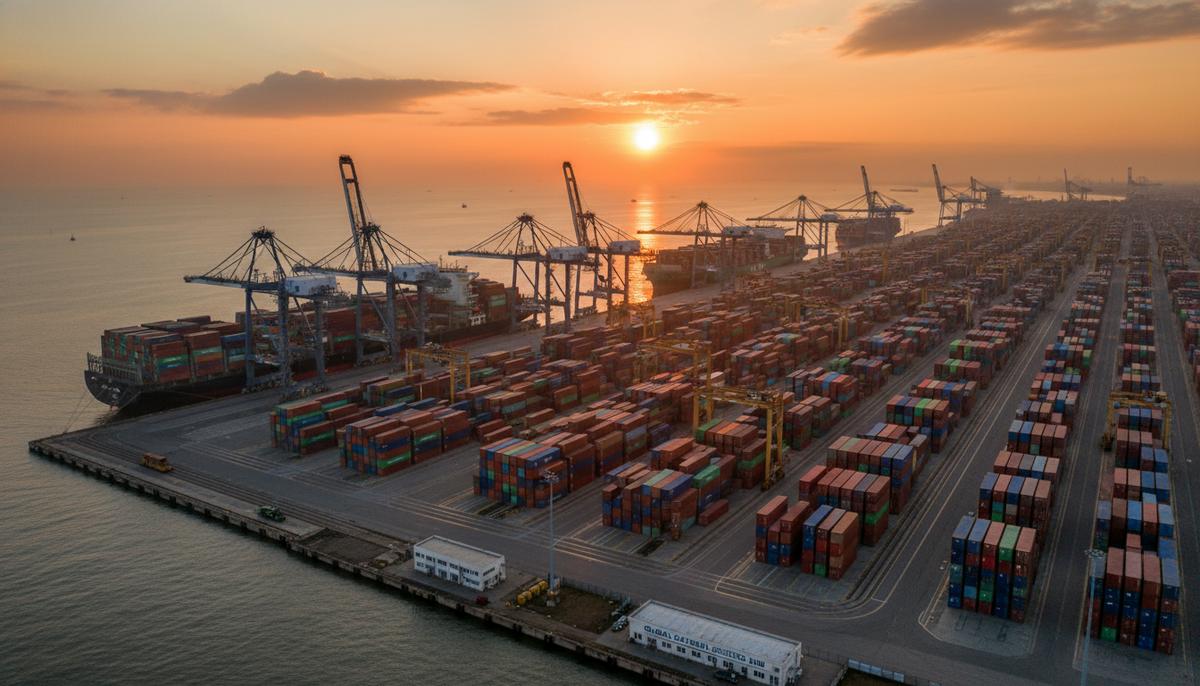 Контейнерный терминал в порту на рассвете. Аккуратные ряды грузовых контейнеров и корабли у причала.