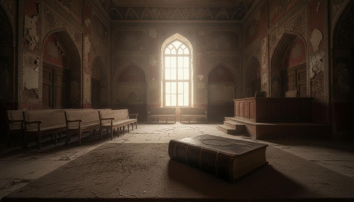 Пустой и пыльный зал суда в Афганистане с арочными проемами. На судейском столе лежит старая книга законов, освещенная одним лучом света.