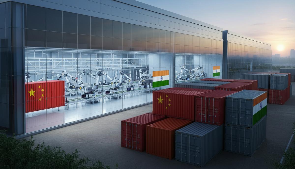 Грузовые контейнеры с флагами Китая и Индии на фоне современного завода по производству электроники.