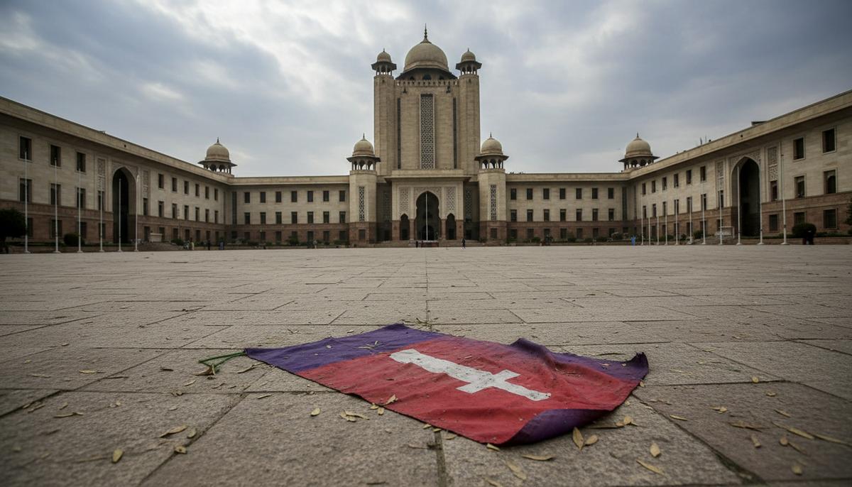 Одинокий истрепанный флаг партии PTI на брусчатке перед величественным правительственным зданием в Пакистане.