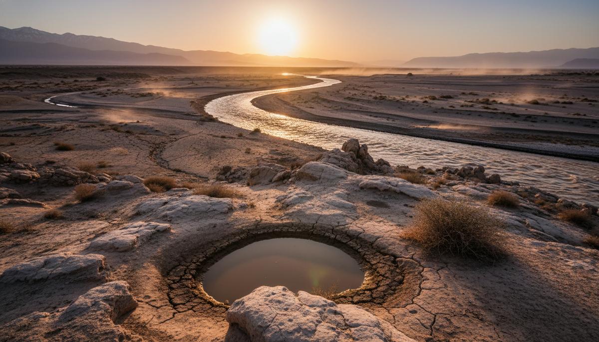 Река Инд, протекающая через засушливый, потрескавшийся пейзаж Южной Азии на закате.