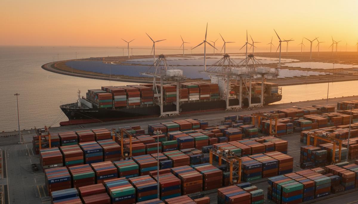 Большой грузовой корабль с контейнерами в современном морском порту на рассвете. На берегу видны ветряные турбины и солнечные панели.