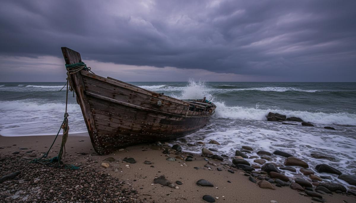 Старая, потрепанная лодка мигрантов, выброшенная на скалистый пустынный берег под хмурым закатным небом.