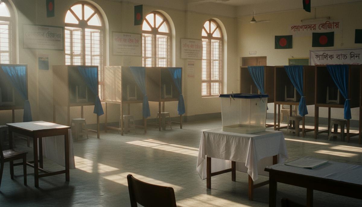Пустой избирательный участок в Бангладеш. Солнечный свет освещает кабинки для голосования и урну для бюллетеней.