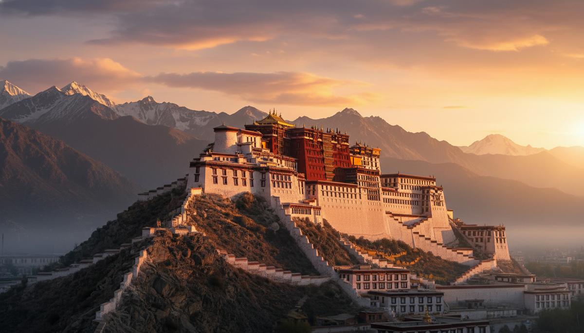 Дворец Потала на холме в Лхасе, Тибет, на фоне горной гряды в лучах восходящего солнца.