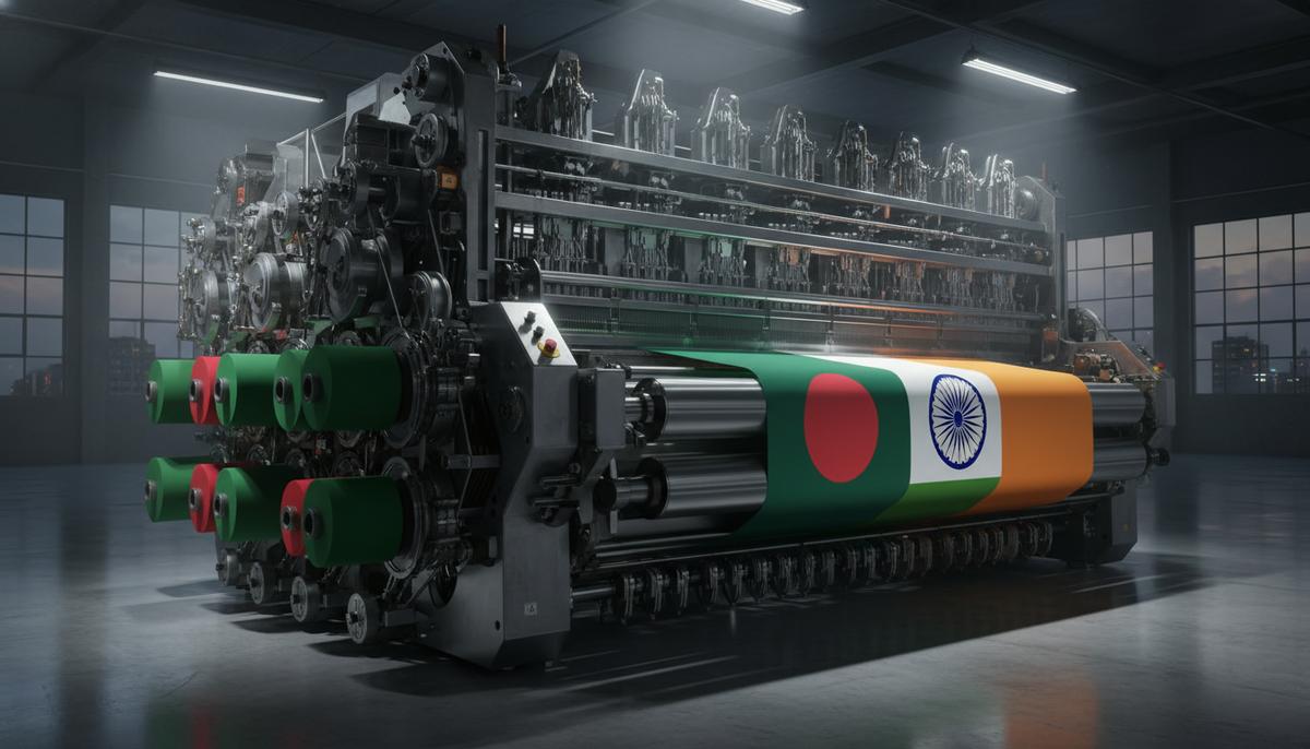 Огромный ткацкий станок в пустом цехе современной текстильной фабрики. На станке полотно ткани с переходом цвета от флага Бангладеш к флагу Индии.