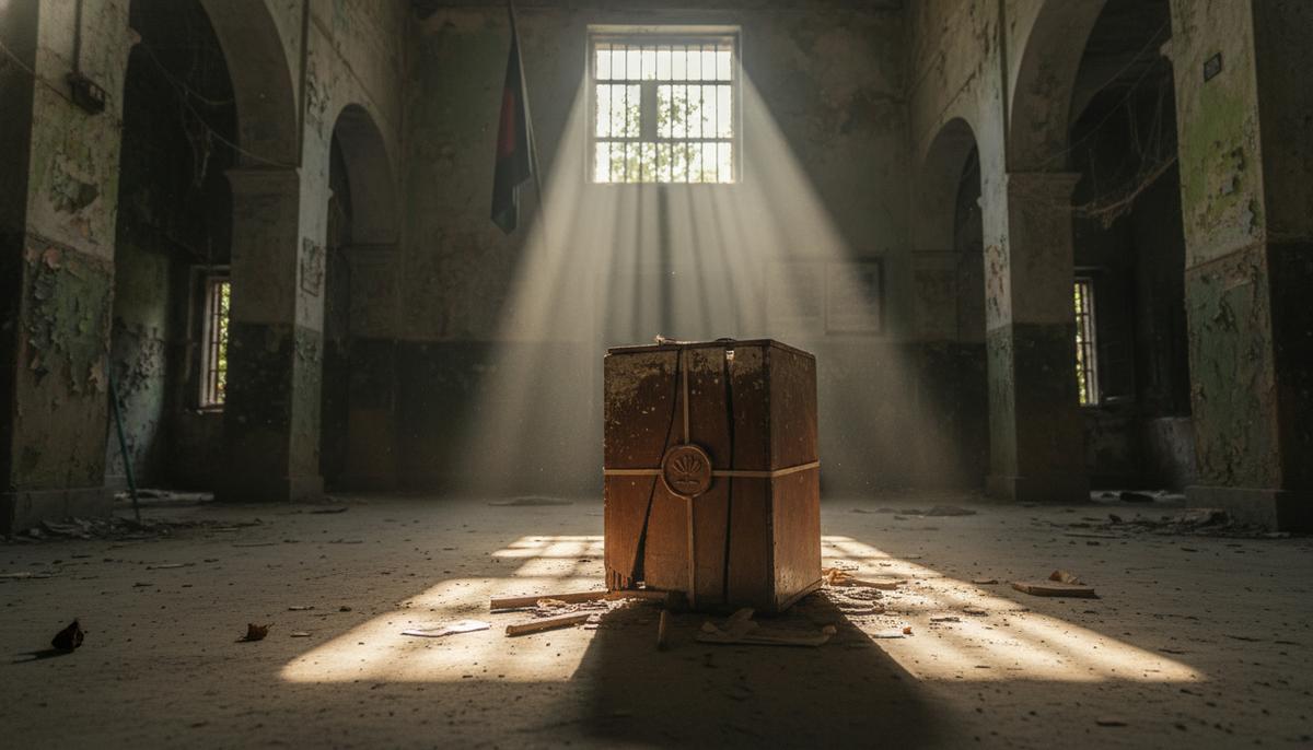 Старая треснувшая урна для голосования стоит на пыльном полу пустого зала, лучи света падают из окна.