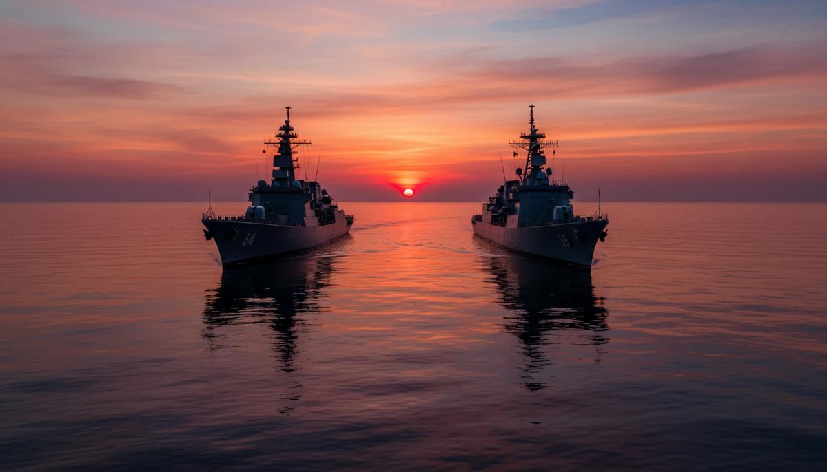 Японский эсминец и индийский фрегат в Индийском океане во время совместных учений на фоне заката.