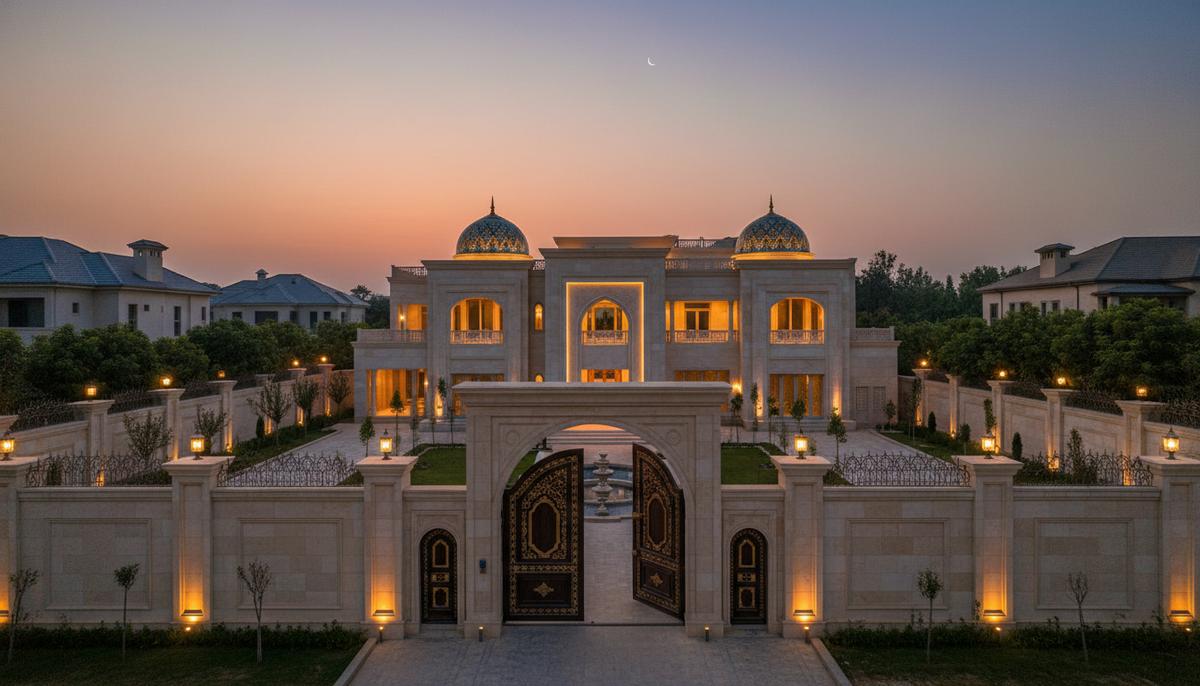Роскошный современный особняк с высоким забором и воротами в богатом районе Исламабада, Пакистан, на закате.