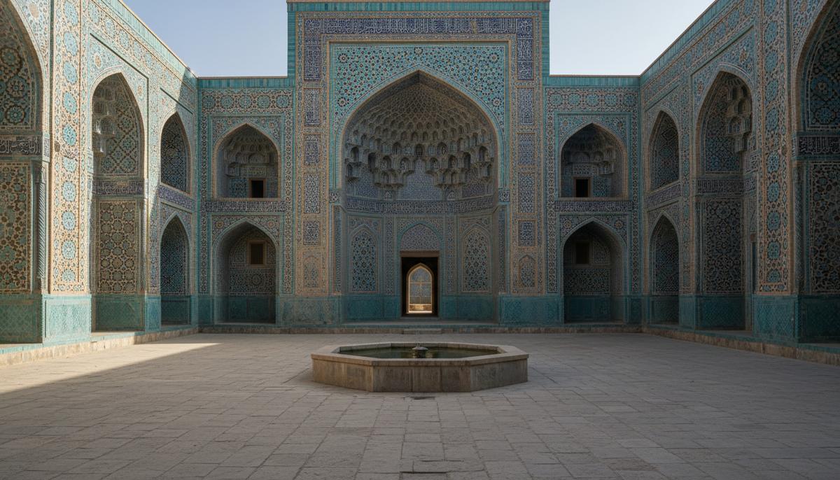 Внутренний двор тимуридского медресе с фонтаном в центре. Стены и высокие арки украшены сложной мозаикой из синей и бирюзовой плитки.