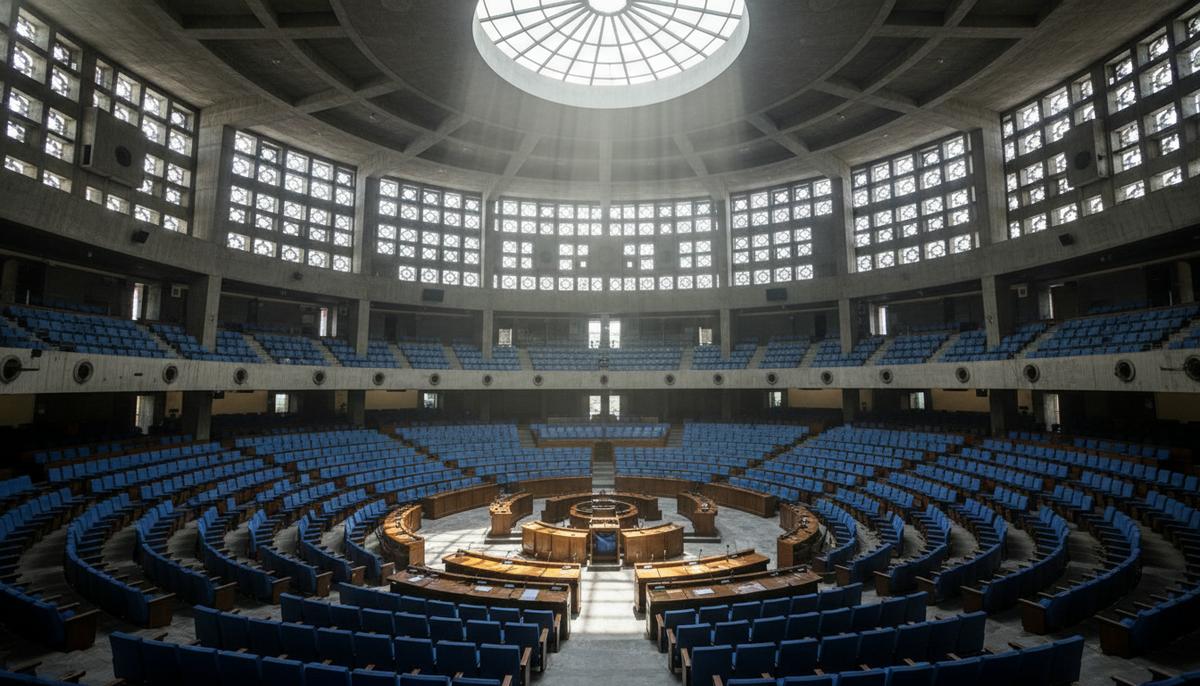 Пустой зал заседаний парламента Бангладеш в Дакке, освещенный лучами солнца, проникающими сквозь окна.