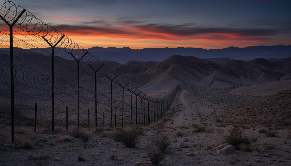 Пограничный забор из стали и колючей проволоки в пустынном и скалистом горном ущелье на закате.