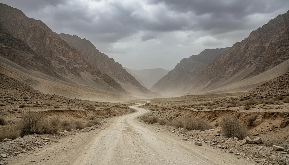 Пустынный горный перевал на границе Афганистана и Пакистана, извилистая грунтовая дорога среди скалистых гор.