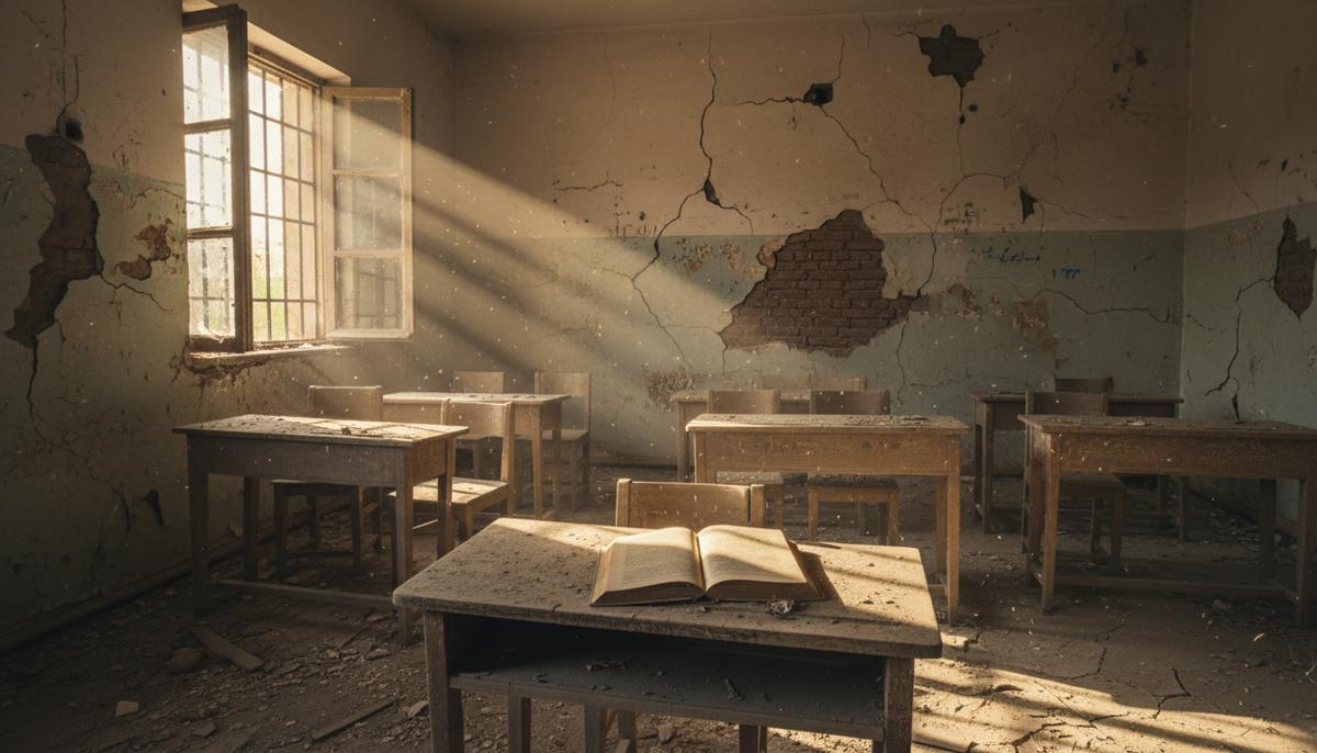 Пустой заброшенный класс в афганской школе. Пыльные парты и стулья, открытая книга на столе под лучами света из окна.