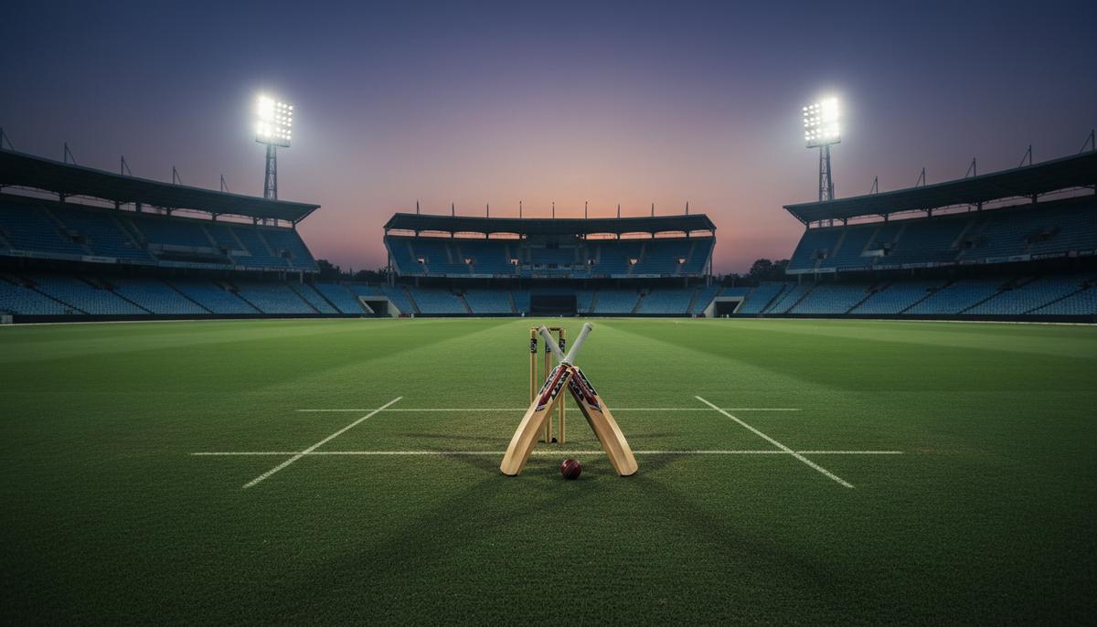 Пустой крикетный стадион в сумерках. Ярко освещенное прожекторами зеленое поле, на котором лежат биты и мяч.