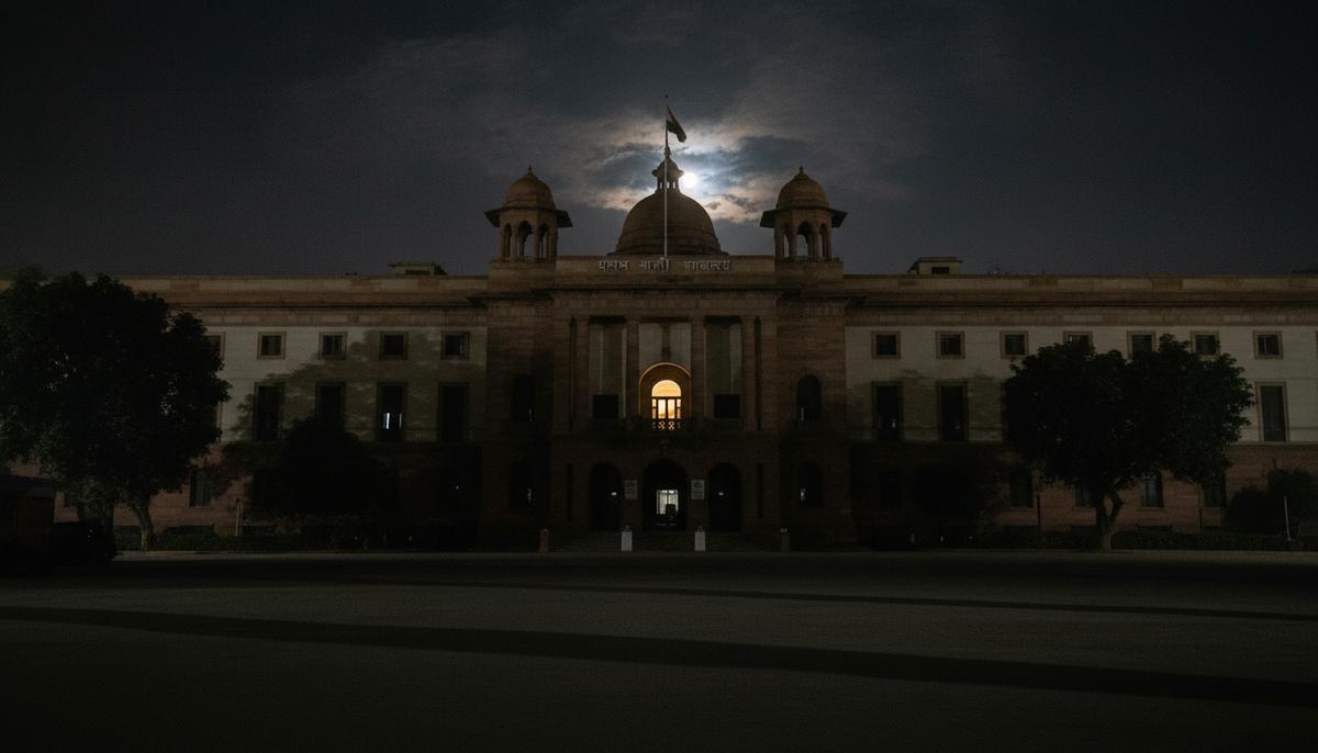 Здание канцелярии премьер-министра Индии в Нью-Дели ночью. В одном из окон горит свет, фасад в глубоких тенях.