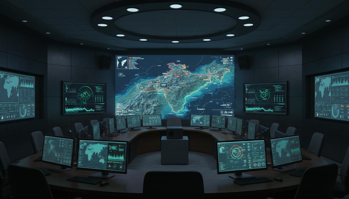 Пустая комната военного штаба с большой светящейся голографической картой горной границы Индии и Пакистана.
